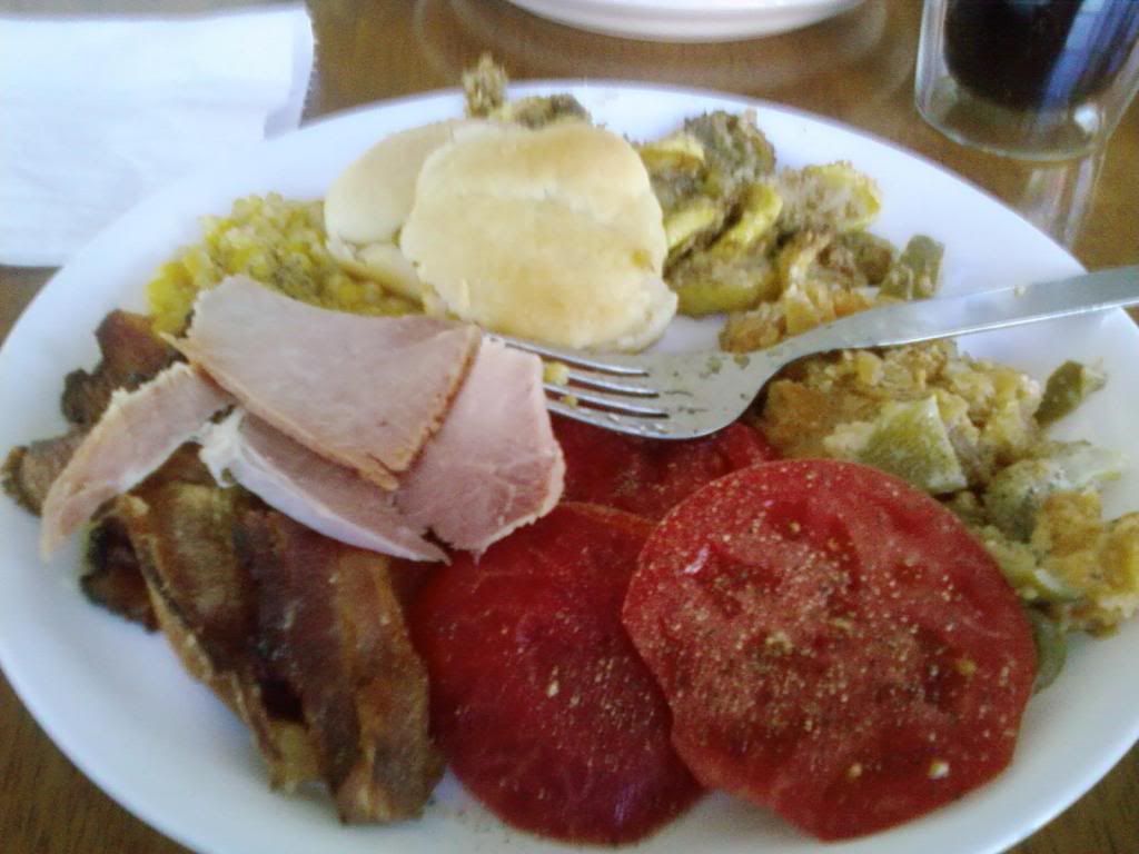 A typical meal of garden food.  Corn, Squash, Tomatoes.  So Good