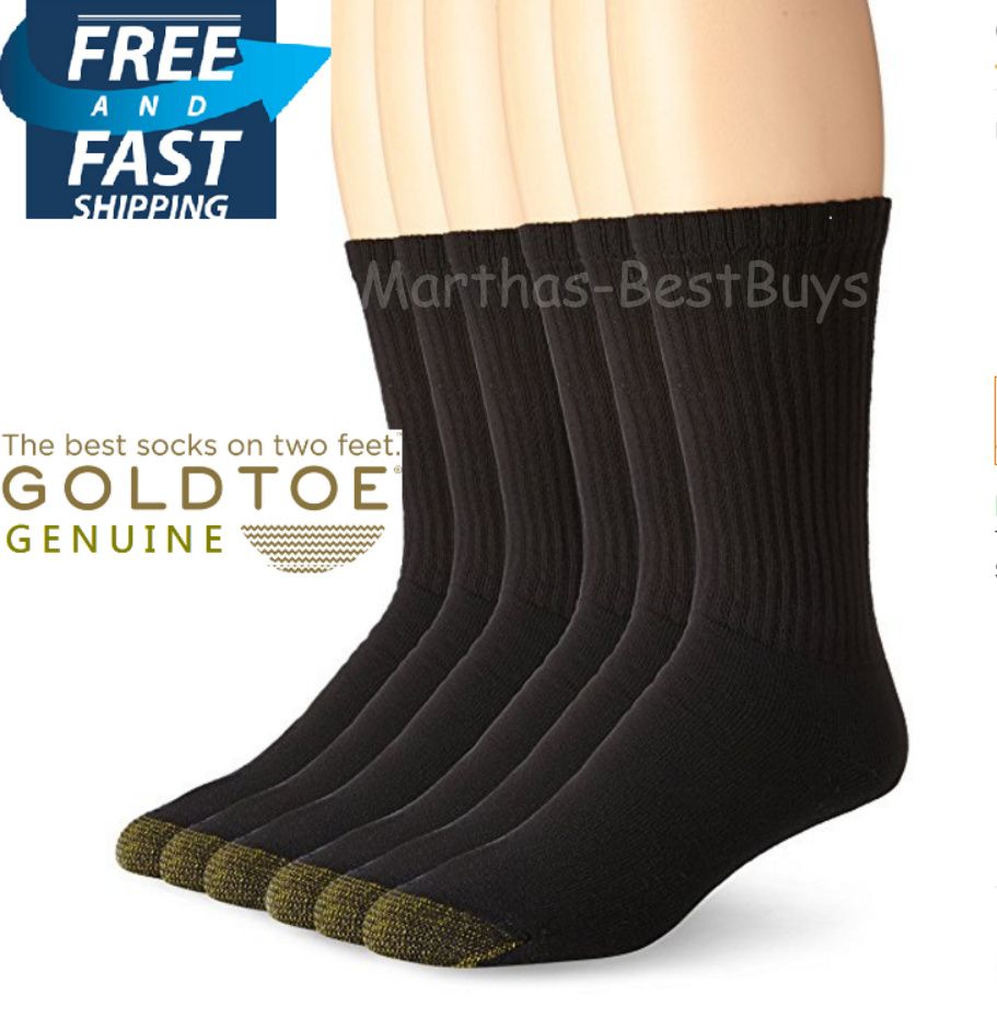 Gold Toe Men's Cotton Crew Athletic Sock 6Pack Black Sock Size 1315