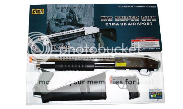 CYMA P799 AIRSOFT CHROME M3 SHOTGUN & PISTOL COMBO PACK  